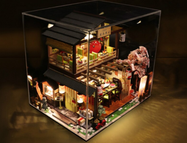 DIY Wooden Dollhouse Sushi Bar Miniature Furniture With LED Kits Dust Cover - Image 4