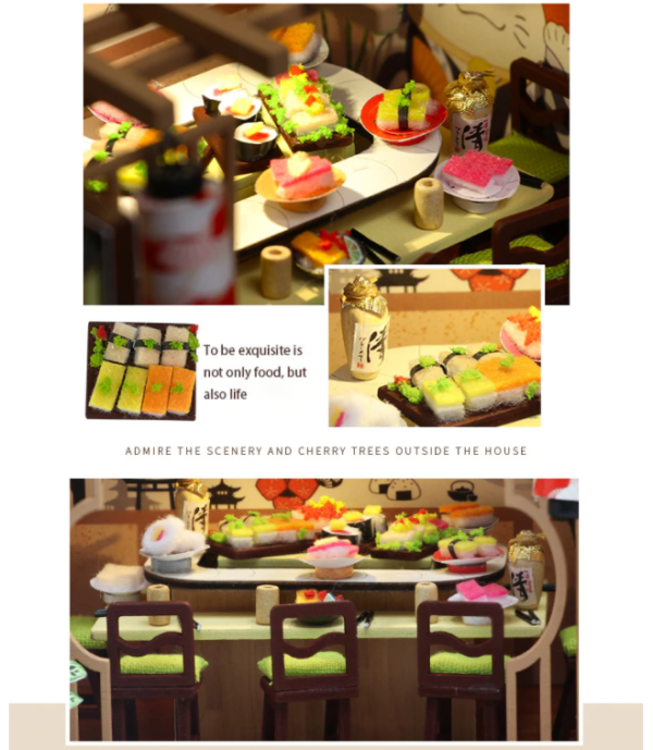 DIY Wooden Dollhouse Sushi Bar Miniature Furniture With LED Kits Dust Cover - Image 7