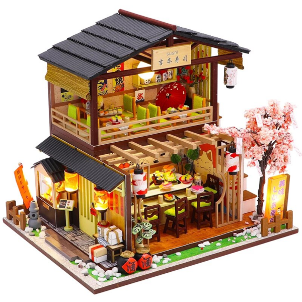 DIY Wooden Dollhouse Sushi Bar Miniature Furniture With LED Kits Dust Cover - Image 1