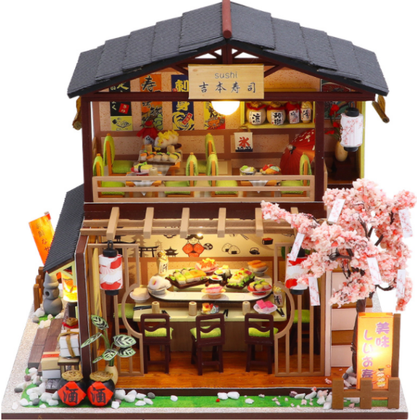 DIY Wooden Dollhouse Sushi Bar Miniature Furniture With LED Kits Dust Cover - Image 10