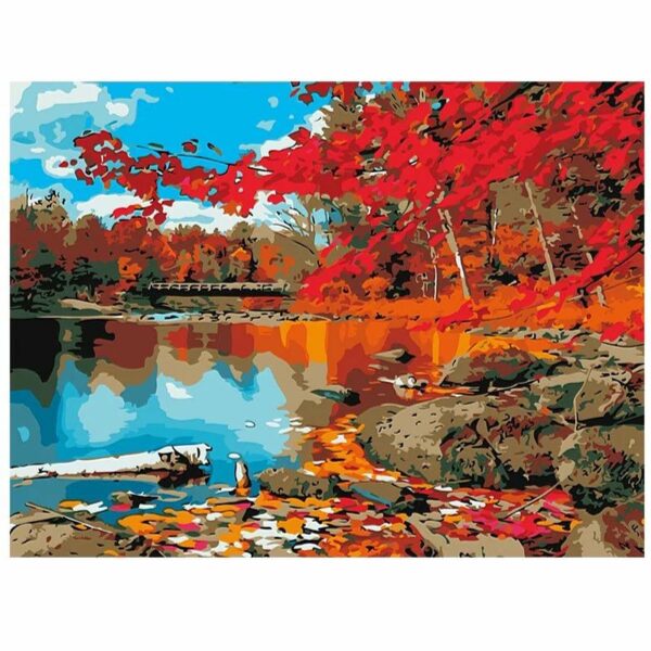DIY Paint By Numbers Canvas Framed - Red leaves lake - Image 1