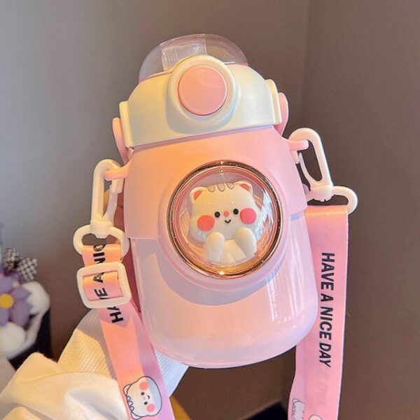 Stainless Steel Thermos Water Bottle With Straw - Pink Kitten - Image 1