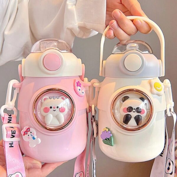 Stainless Steel Thermos Water Bottle With Straw - Pink Kitten - Image 2