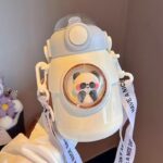 Stainless Steel Thermos Water Bottle With Straw - white panda