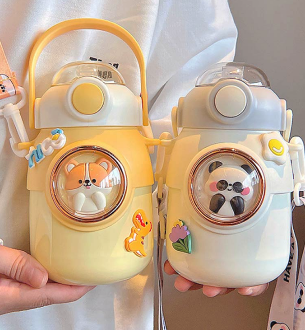 Stainless Steel Thermos Water Bottle With Straw - Yellow Puppy - Image 8