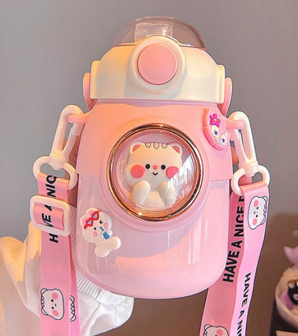 Stainless Steel Thermos Water Bottle With Straw - Pink Kitten - Image 14