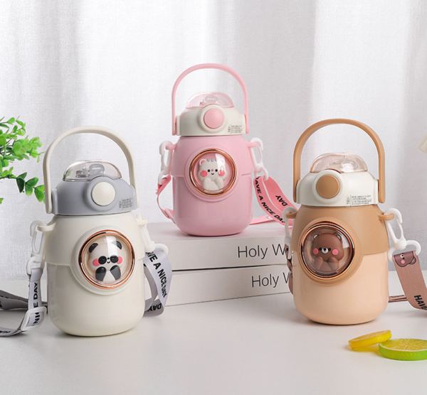 Stainless Steel Thermos Water Bottle With Straw - Brown Bear - Image 4