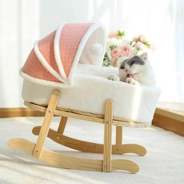 Wooden Boucle Bassinet Cat Cradle Cat Bed Soft Comfortable Prince Blue - Image 5