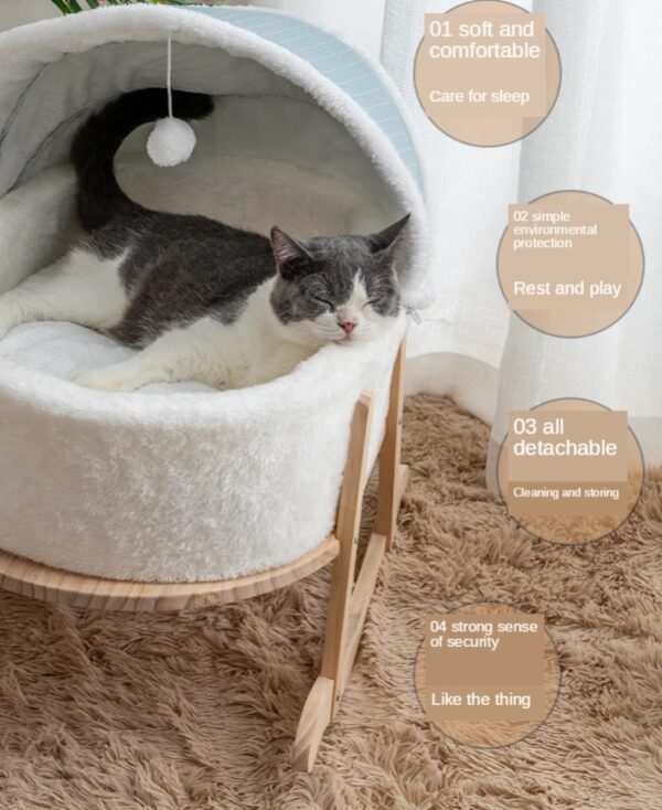 Wooden Boucle Bassinet Cat Cradle Cat Bed Soft Comfortable Prince Blue - Image 10