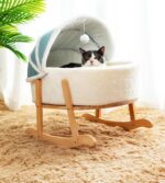 Wooden Boucle Bassinet Cat Cradle Cat Bed Soft Comfortable Prince Blue - Image 9