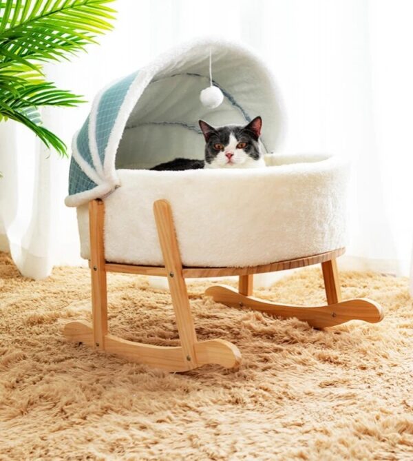 Wooden Boucle Bassinet Cat Cradle Cat Bed Soft Comfortable Prince Blue - Image 9