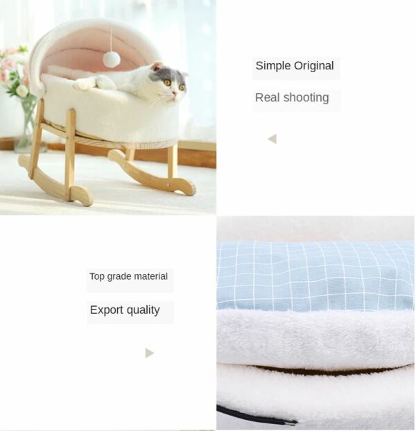 Wooden Boucle Bassinet Cat Cradle Cat Bed Soft Comfortable Prince Blue - Image 8