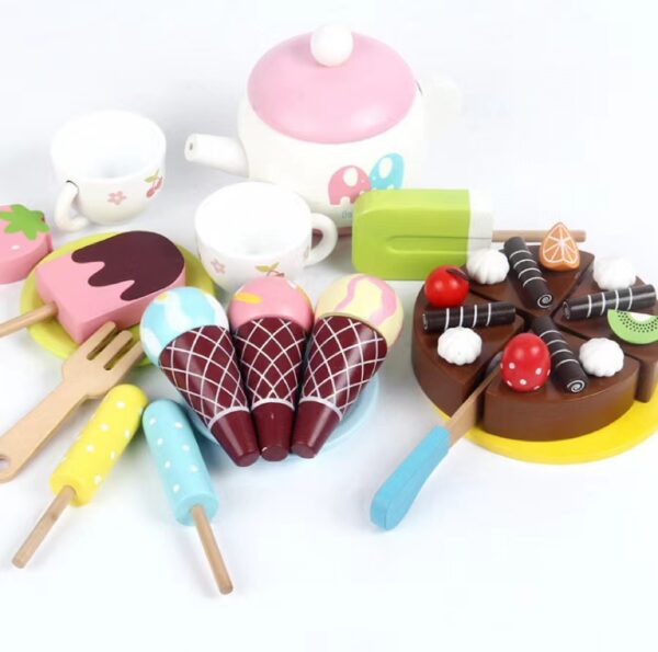 Wooden Kitchen Toy Simulation Ice Cream Cart Pretend Play - Image 5