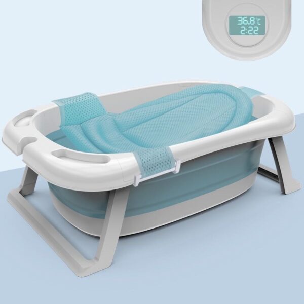 babybathtub1 Foldable Baby Bathtub with Support Mat Water Thermometer - Blue - Image 1