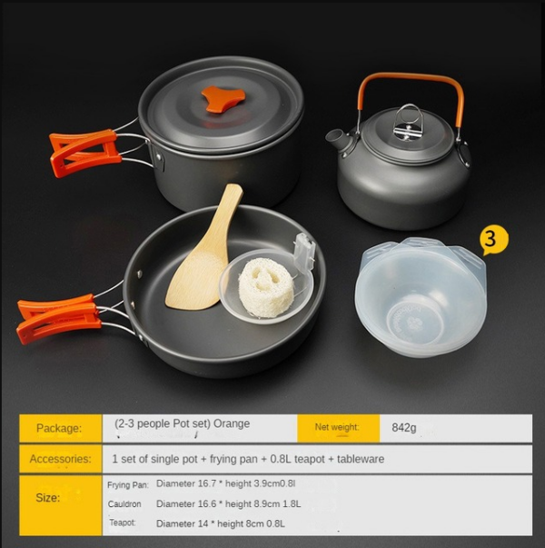 Outdoor Camping Cookware Water Kettle Frying Pan Cooking Set - Orange - Image 2