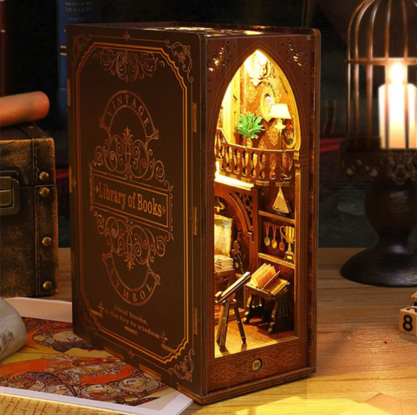 DIY Wooden Book Nook Miniature Dollhouse with musical LED light Sensor 006B - Image 5