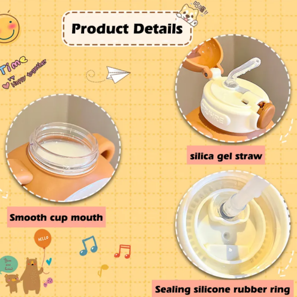 700ml Water Bottle Cute Bear Design with Plastic Straw - Yellow - Image 9