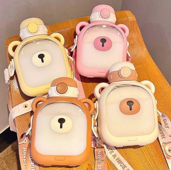 700ml Water Bottle Cute Bear Design with Plastic Straw - Yellow - Image 4