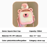 700ml Water Bottle Cute Bear Design with Plastic Straw - Yellow - Image 3