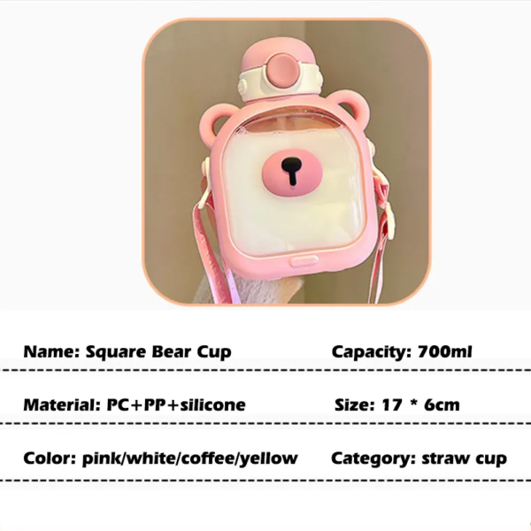 700ml Water Bottle Cute Bear Design with Plastic Straw - Yellow - Image 3