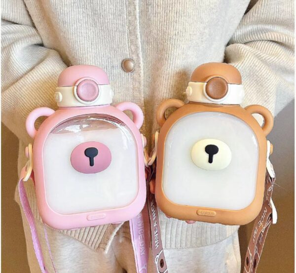 700ml Water Bottle Cute Bear Design with Plastic Straw - Yellow - Image 2