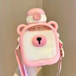 700ml Water Bottle Cute Bear Design with Plastic Straw - Pink - Image 2