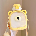 700ml Water Bottle Cute Bear Design with Plastic Straw - Yellow