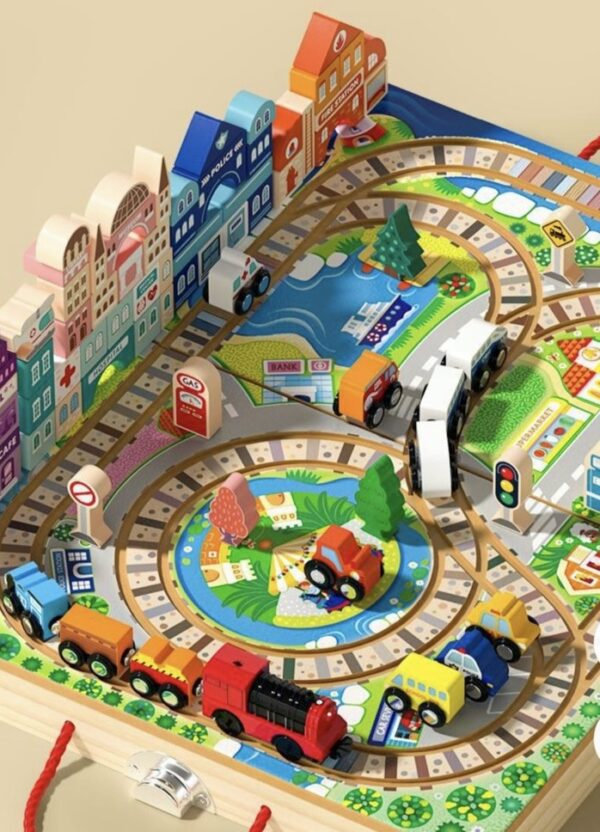 Wooden Train Box with trains tracks and toys and storage - Image 4