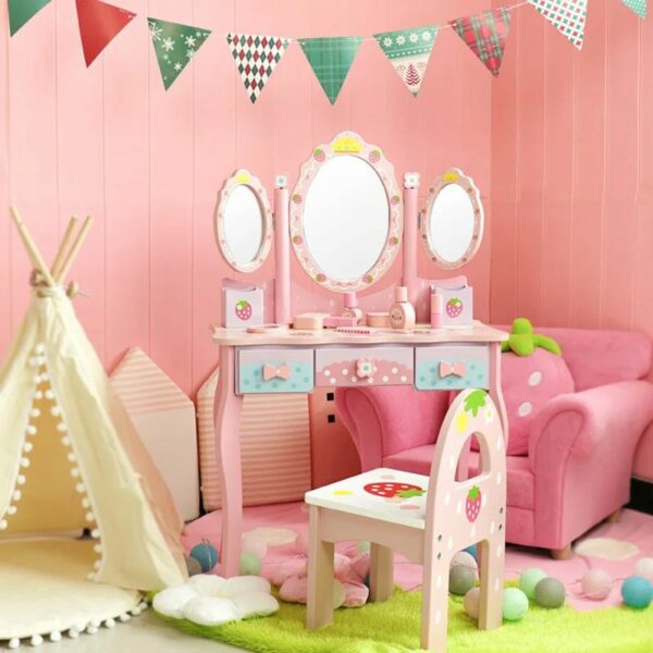 Wooden Simulation Dressing Table with Stool and Accessories Pretend Play Toy - Image 8