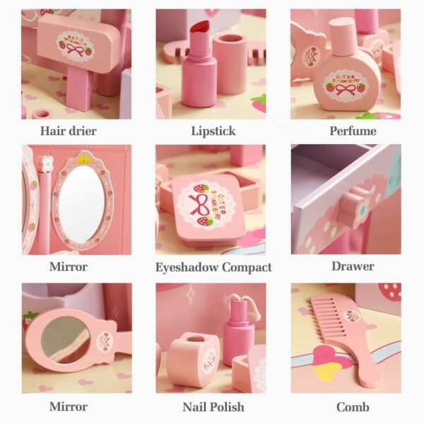 Wooden Simulation Dressing Table with Stool and Accessories Pretend Play Toy - Image 4